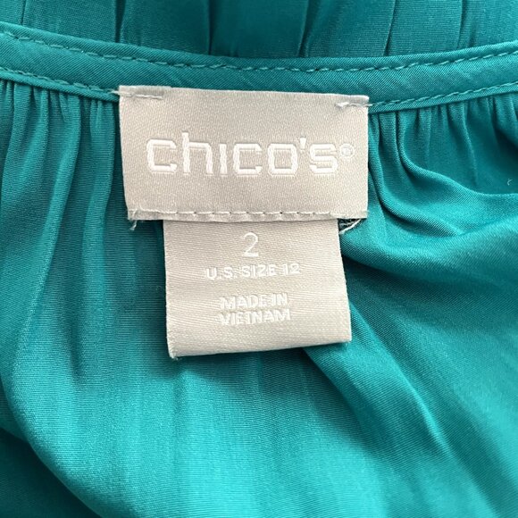 Chicos 2 Midi Dress 12 Teal Green Crinkle Pleated 3/4 Sleeve Button Up Tie Waist - Picture 11 of 16